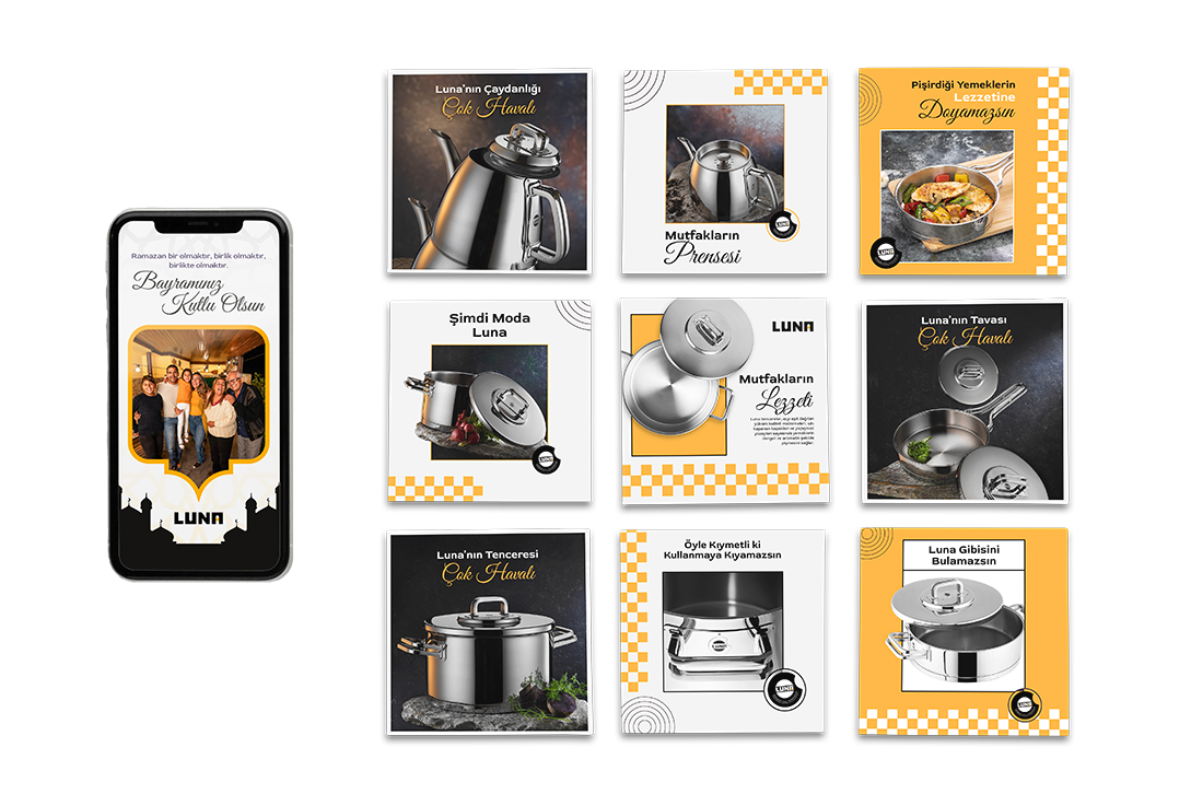 Luna Cookware sosyal medya kompozisyonu — kreasyon hikayeleri